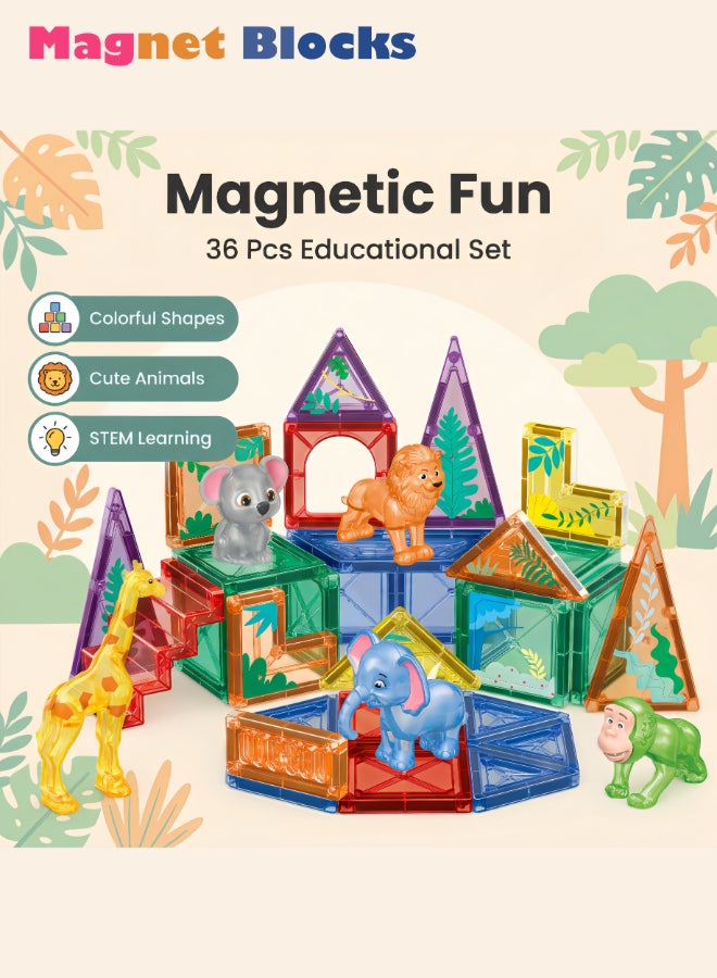 DEZHI 36Pcs Magnetic Tiles Set, Magnet Blocks Building Toys, Small Animal Forest Themed Magnetic Blocks, Including 5 Types of Animals and 1 Sticker, Assembly 3D Structure Forest Theme, STEM Learning Toy for Kids Girls, Boys Age 3+. - Image 2